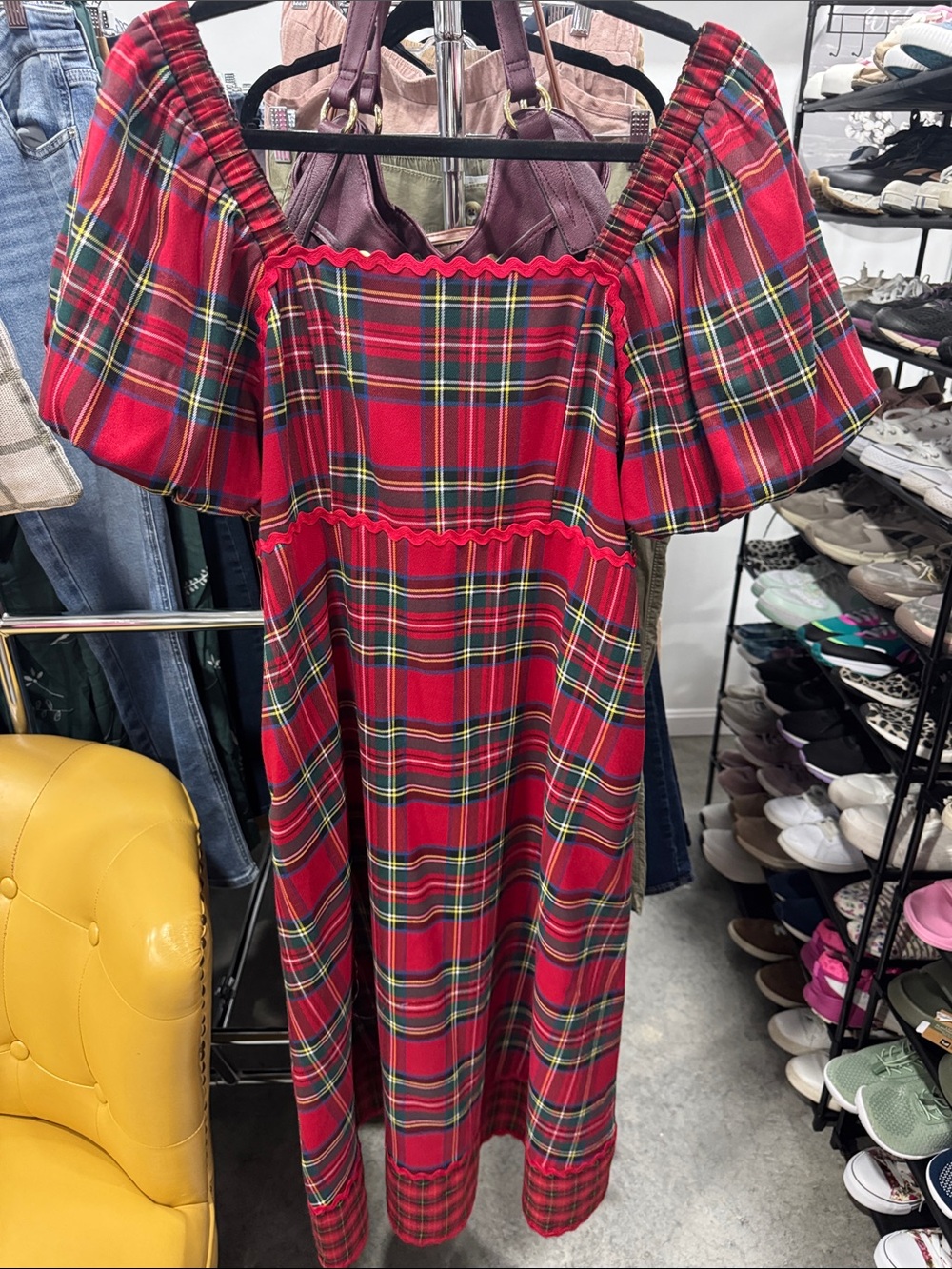 JODIFL Red Plaid Off-Shoulder Casual Dress